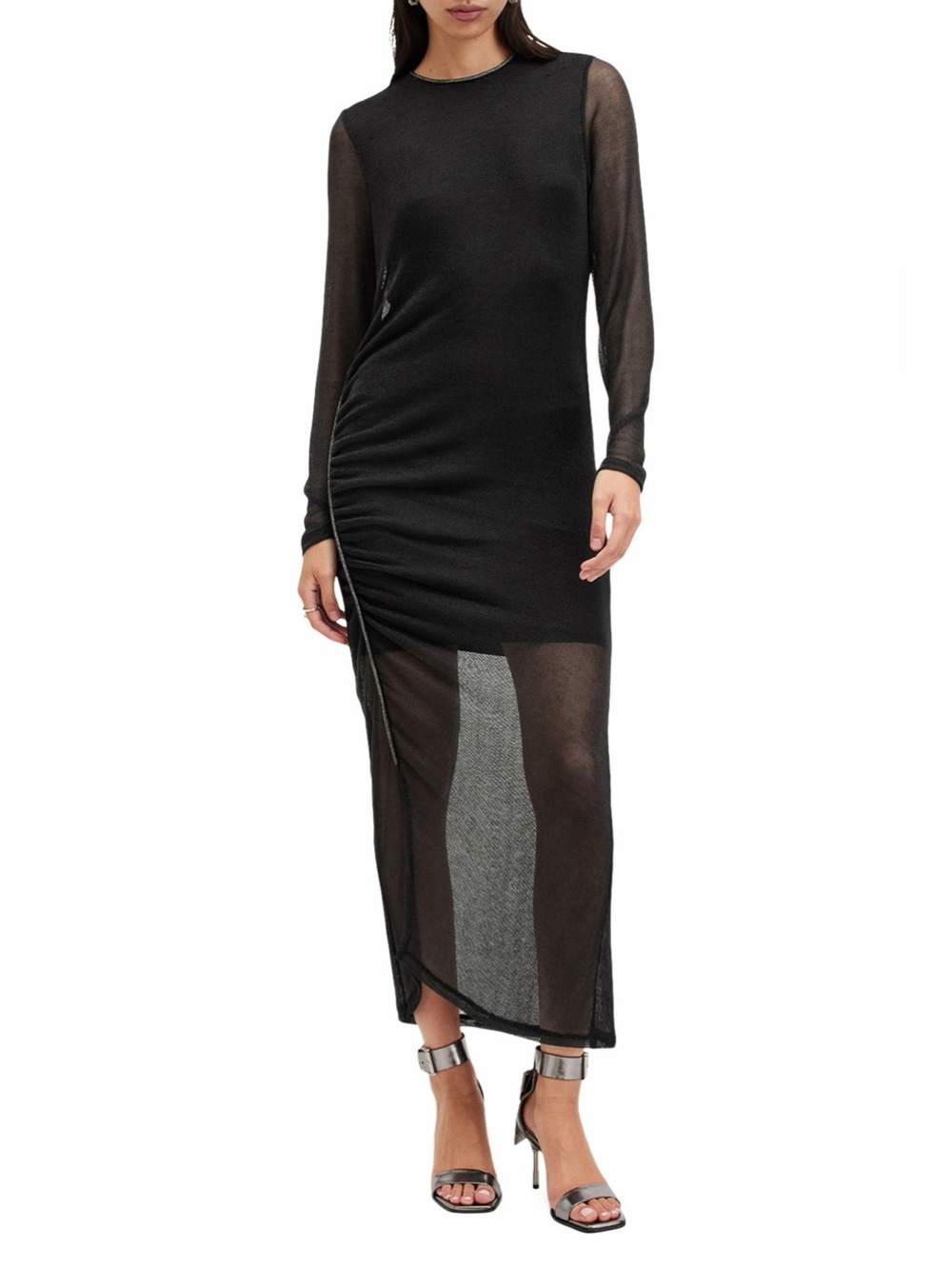 All Saints Allsaints Nora Sparkle Ruched Sheer Mesh Long Sleeve Dress US 6 Black
